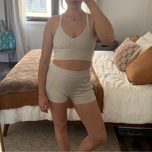 Alo Yoga Ribbed Low Back Bra + Mini Shorts Set | Oatmeal Heather